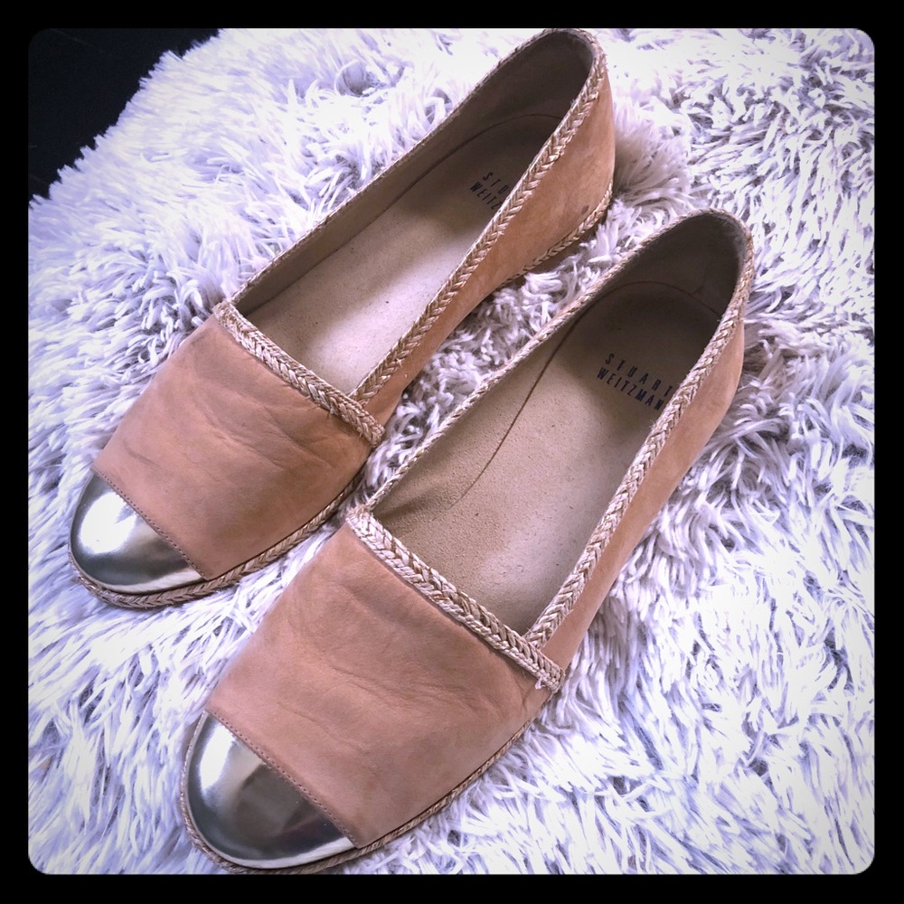 Camel tan and gold suede flats.